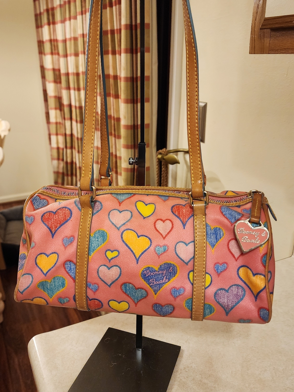 Vintage Y2K Dooney & Bourke Pink Multi-Heart Print Leather-Trim Barrel Satchel